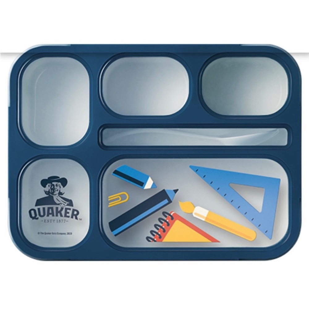 QUAKER School Work Lunch Bento Box Food Container Lockable Lid Spork, Blue, NEW